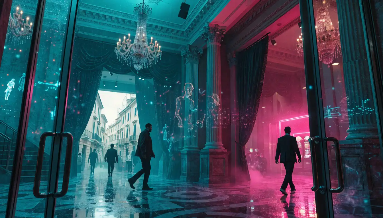 Atrio elegante di una casa da gioco italiana con lampadari e visitatori.