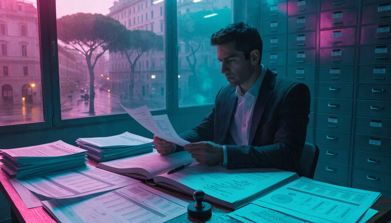 Revisore italiano in ufficio che esamina documenti e registri finanziari.